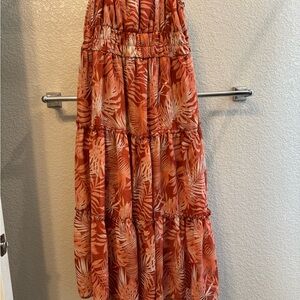 No Boundaries Coral and White Tropical Tiered Maxi Skirt